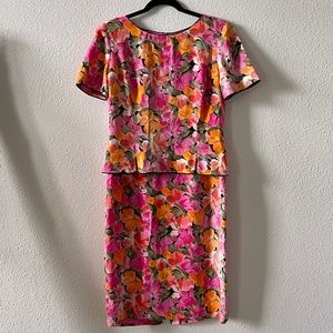 Vintage 90s Silk Floral Dress Orange and Pink, Size 6